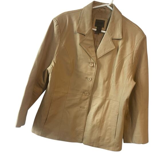 Y2K Preppy Leather Jacket Uniform Tan Beige Leather Lined Blazer Size 16 - Picture 2 of 7